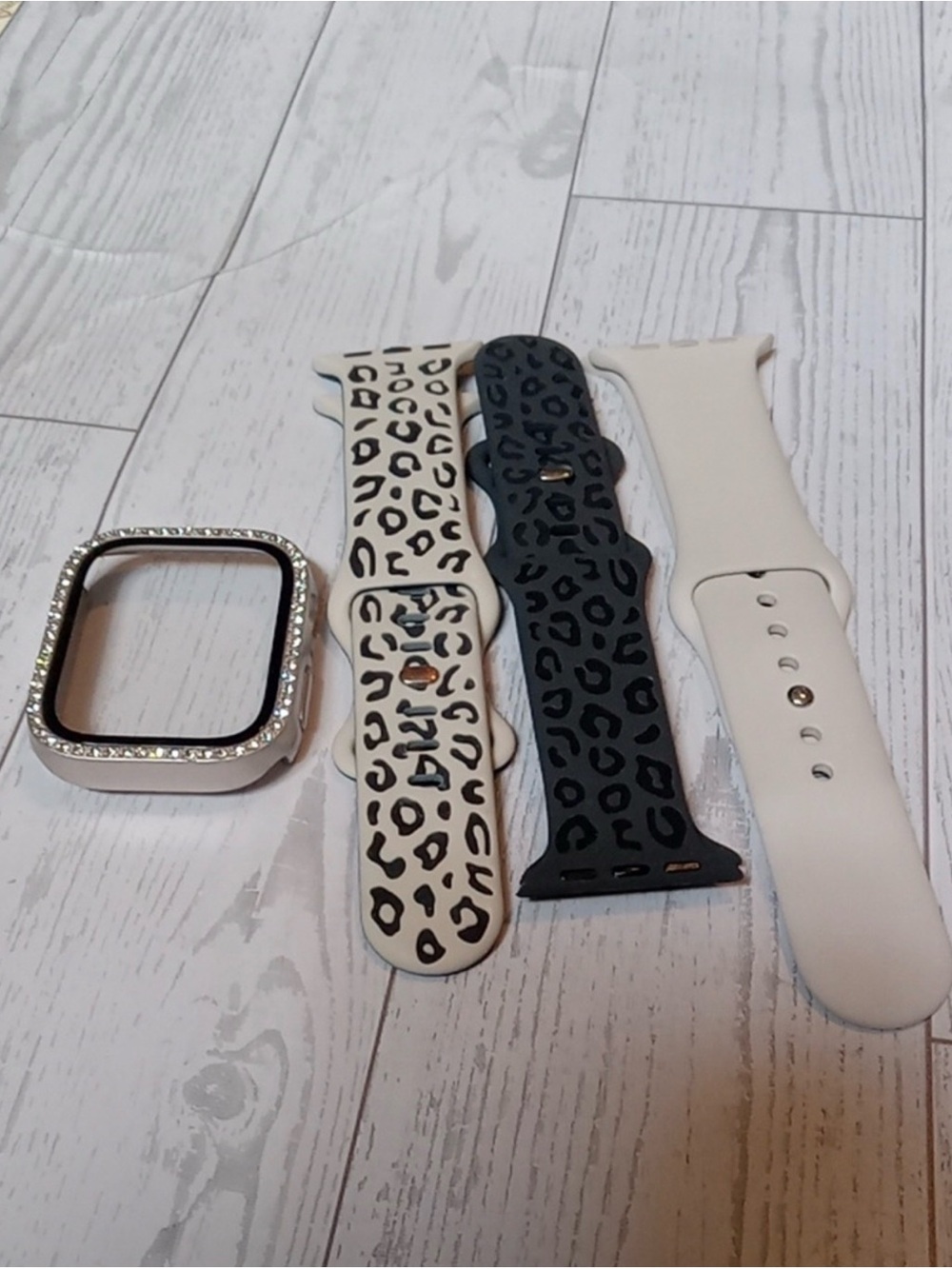 Blank Brand Women's Leopard & White Silicone Watch Band Set with Crystal Bezel